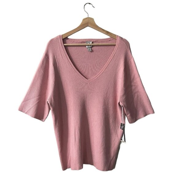 W Worthington Ribbed Blouse Plus Size 2X Titanic Rose Pink V Neck Short Sleeve - Picture 1 of 5
